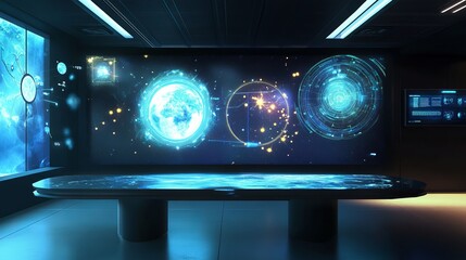 Futuristic Technology Room Interactive Table Digital World Map Global Network Data Visualization Advanced Interface Screen Display Modern Office Space