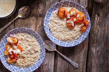 Oatmeal with apricot and almond petals.