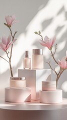 Elegant product display featuring an arrangement of luxurious gift boxes and skincare essentials, including cream jars and lotion bottles, placed on podiums of varying heights.Spring touch. 