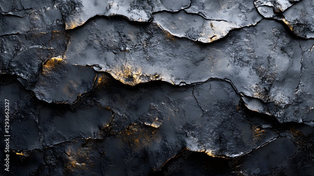 Poster abstract dark rock texture with hints of gold. intricate details and shadows create a dramatic effec
