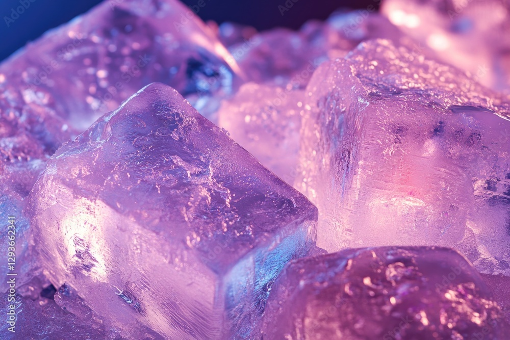 Poster ice cubes stacked on top of each other, transparent and frozen water droplets