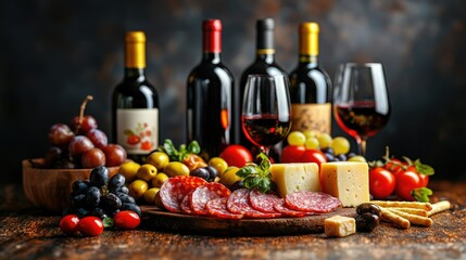 Wine bottles and food arranged on a wooden table for display