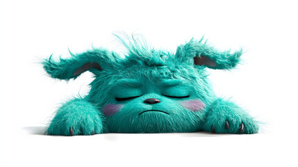 A blue stuffed animal is sleeping on a white background