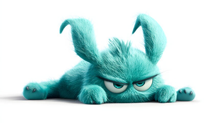 A blue cartoon rabbit is laying down on a white background