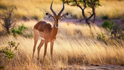 Naklejka premium Majestic Impala Striking Forward, Pristine Savannah Sunrise Backdrop, Vibrant Golden Light Kissing the African Plains, Evoking a Sense of Adventure and Serenity.