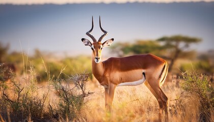 Fototapeta premium Majestic Impala Stands Proudly Against the Backdrop of an African Savanna Sunset, Displaying Its Elegant Curvy Horns as a Majestic Symbol of Natures Beauty and Grace.