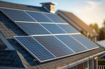 Fototapeta premium Residential Home with Solar Panel Installation on Roof