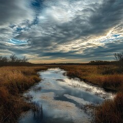 Fototapeta premium Marshy field under clouds
