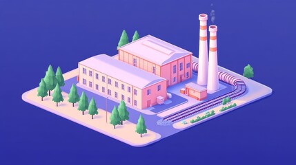 Naklejka premium A colorful industrial complex with smokestacks and surrounding trees in a vibrant setting