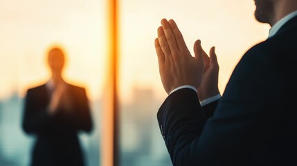 Triumphant Business Team Celebrates Successful Deal with Cityscape Backdrop  A group of professionals clapping hands enthusiastically in front of a glass wall overlooking the urban skyline