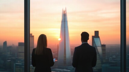 Fototapeta premium Group of colleagues collaborating and discussing business ideas or strategy near a tall glass window with a breathtaking urban skyline providing a stunning backdrop during sunset or sunrise
