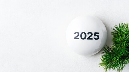 New Year 2025 Orb and Pine - White orb with 2025 printed on it, rests next to pine sprig on white background. New year concept