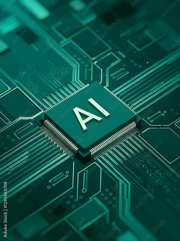 Aufkleber National Ai Day, A close-up of an AI chip on a circuit board, symbolizing artificial intelligence, technology, and the future of computing