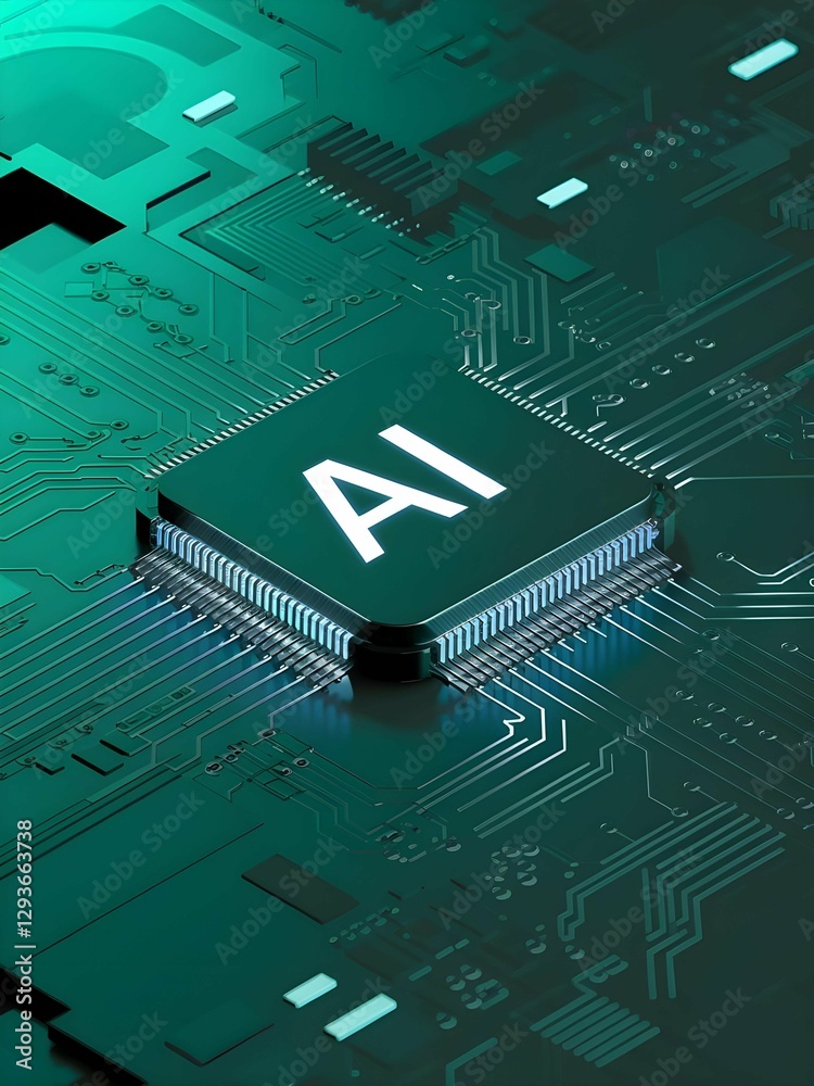 Poster National Ai Day, A close-up of an AI chip on a circuit board, symbolizing artificial intelligence, technology, and the future of computing
