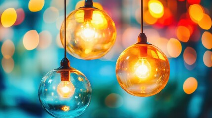 Fototapeta premium Three decorative lights hang gracefully from a string, illuminating the surrounding space with a warm and inviting glow, perfect for any occasion.