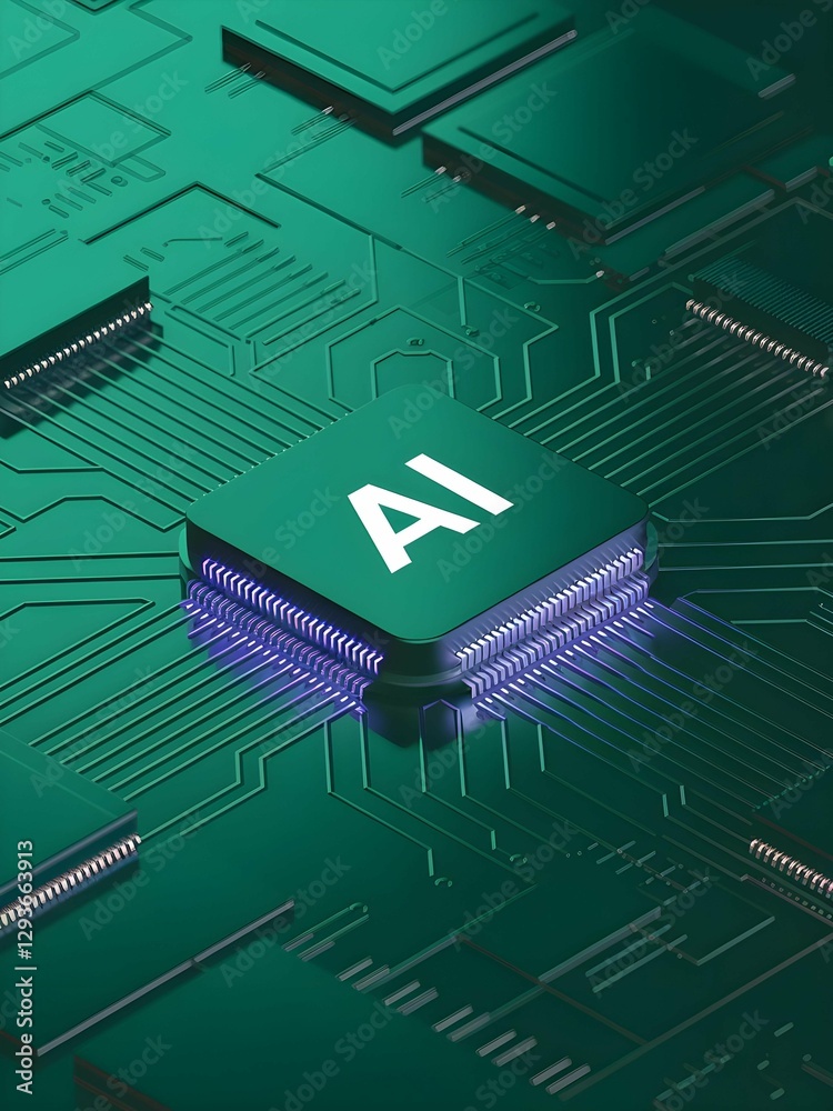 Poster National Ai Day, A close-up of an AI chip on a circuit board, symbolizing artificial intelligence, technology, and the future of computing