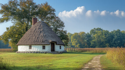 Fototapeta premium Round Thatched Cabin in a Field