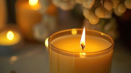 A bouquet of flowers illuminated by a lit candle, perfect for romantic dinner or intimate setting