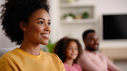 Obraz premium Friendly and knowledgeable real estate agent enthusiastically presenting the features and design of a beautifully appointed comfortable living room to a happy family