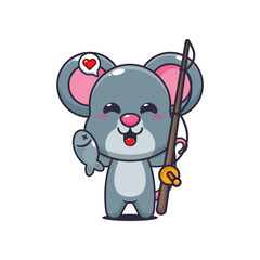 Mouse cartoon vector illustration catching fish with fishing rod