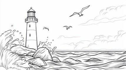 A lighthouse is shown in the water with a few seagulls flying in the background