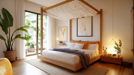 A cozy, modern bedroom featuring a four-poster bed, natural decor, plants, and soft lighting, creating a serene atmosphere.