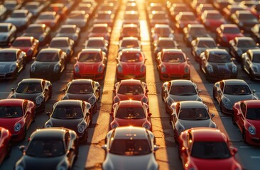 Rows of cars parked in a lot at sunset, aerial view