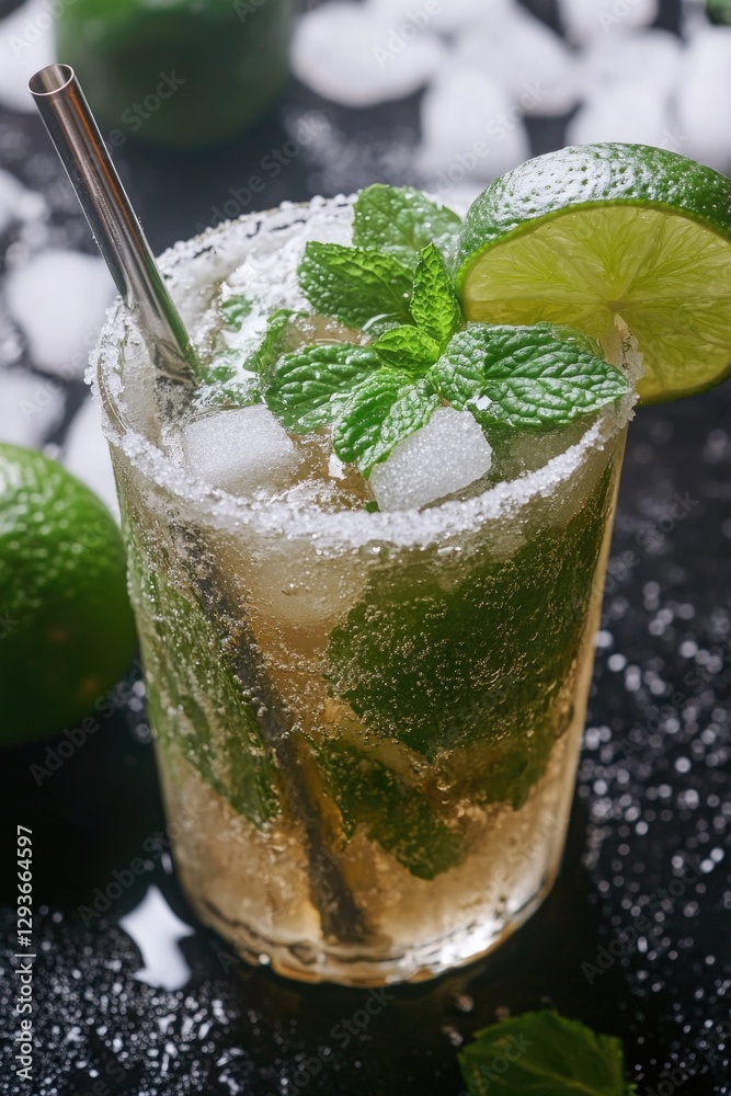 Poster A close-up view of a refreshing drink in a glass with a straw, perfect for capturing the moment when you need a break