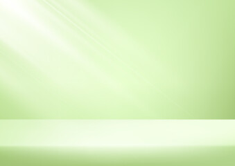 Obraz premium Empty pastel green studio background. Empty Room Studio with table. Space for selling products, backdrop, wallpaper, background, text. Gradient table. Vector illustration.