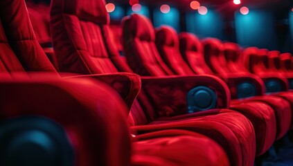 Rows of Red Velvet Seats in a Dark Cinema Auditorium