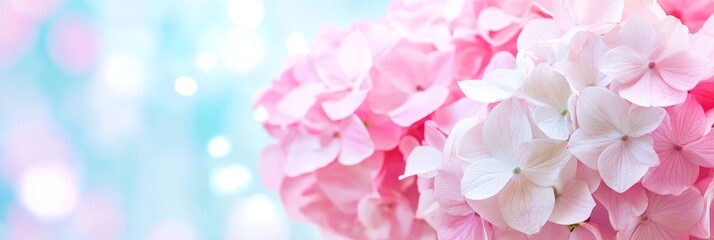 Fototapeta premium Pink Hydrangea Paniculata Blooms and Soft Background - Delicate pink hydrangea blossoms, symbolizing gratitude, beauty, abundance, grace, and serenity. A soft, dreamy background enhances their allure