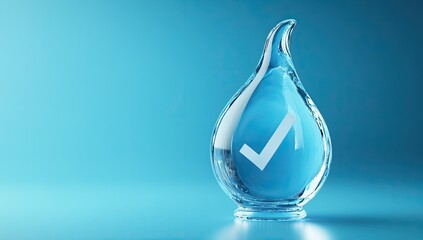 Clear Water Drop with Checkmark on Blue Background