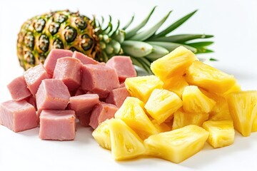 A fresh pineapple cut into slices, served with ham and placed on a white surface