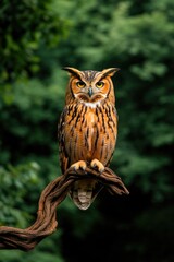 Obraz premium Majestic owl perched on branch, showcasing striking plumage agai