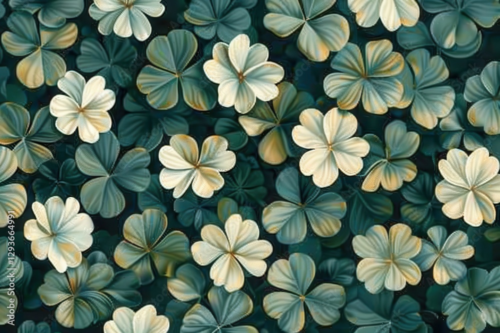 Poster Seamless Pattern of Green and White Clover Leaves