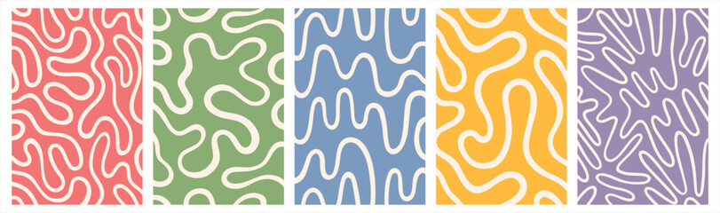 Twisted lines, fluid, curved, wiggling stripes, waves vector backgrounds set. Liquid, funky chaotic ornaments, groovy retro patterns collection. Doodle, uneven hand drawn wavy, organic winding line