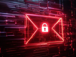Secure Digital Message Abstract Red Glowing Envelope with Padlock Icon on Dark Glitch Background