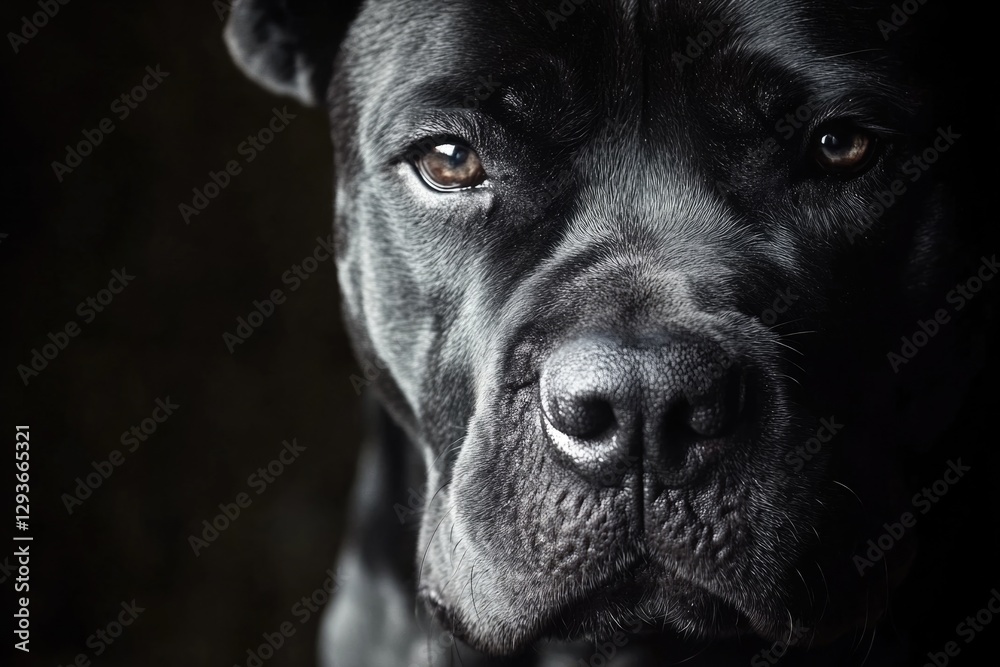 Poster a close-up shot of a black dog's face with brown eyes and a distinctive nose