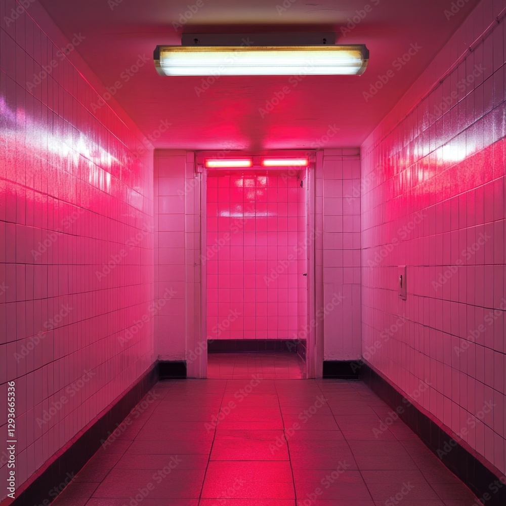 Aufkleber a long hallway with a bright red light at its center