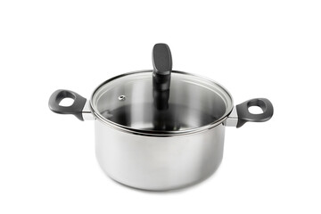 Stainless steel saucepan isolated on white background. Modern saucepan. Kitchen utensils. Cooking pan. Cooking concept. Mockup