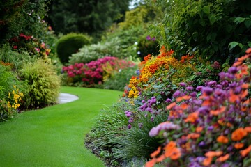 Garden with a path lined with flowers and shrubs.