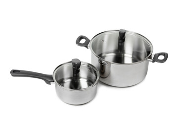 Stainless steel saucepan isolated on white background. Modern saucepan. Kitchen utensils. Cooking pan. Cooking concept. Mockup