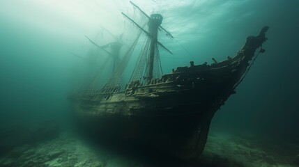 Obraz premium Schooner Ship Vintage view of a sailing ship, a sunken ship. Grand view of an old sailing ship from the times of pirates and the Middle Ages on the high seas in underwater, background