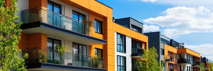 Obraz premium Row of apartment buildings with balconies and a tree in front.