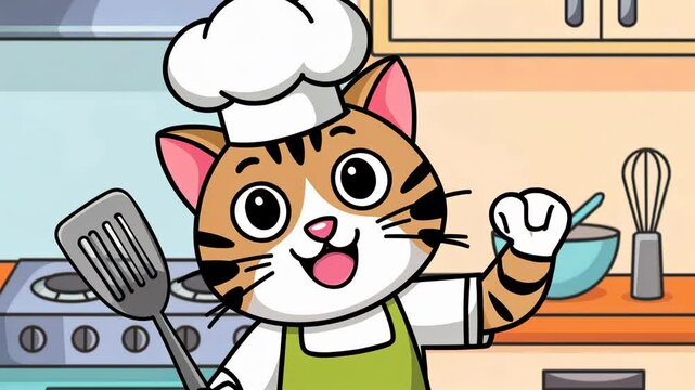 Cute cartoon cat character wearing a chef's hat and apron, cooking in the kitchen, a fun illustration for food or children's content