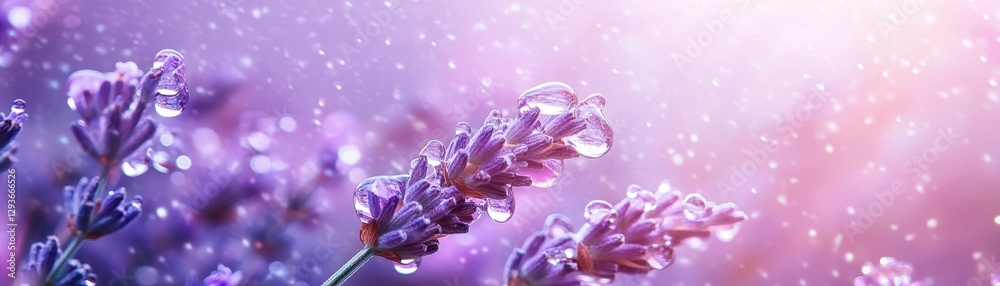 Poster serene lavender field with gentle rain and soft sunlight