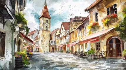 Fototapeta premium A painting of a city street with a tall tower in the background