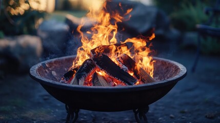 A fire pit with burning flames and logs inside, perfect for campfires or backyard gatherings