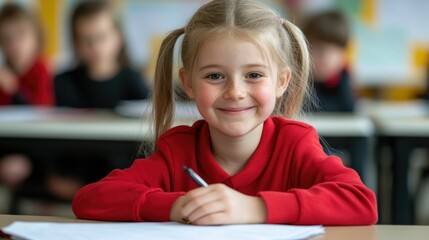 Smiling primary school students collaborating on a group project together at a shared desk in a classroom setting  The children are engaged in an educational activity