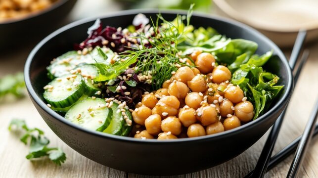 Japanese-inspired, Michelin-star aesthetic: A refined Chickpea Salad Bowl featuring fresh chickpeas, mixed greens, and cucumber, topped with delicate dilly croutons. The dish is elegantly arranged in 